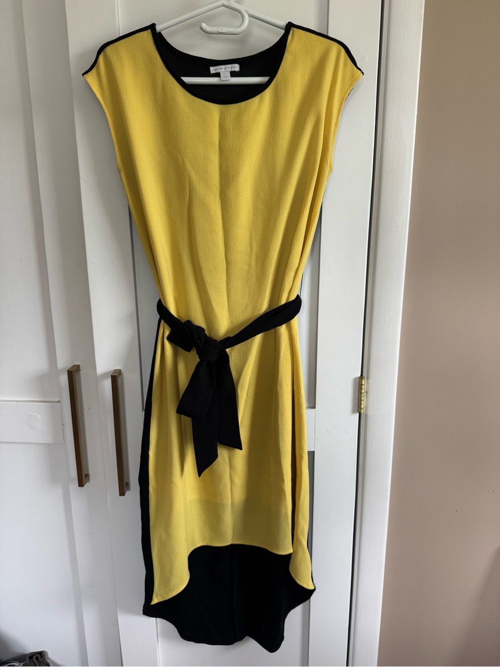New York & Company Yellow and Black High-Low Belted Dress